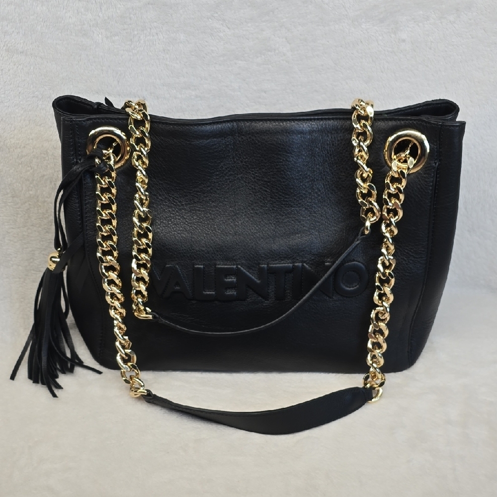 Valentino Black Leather Shoulder Bag with Gold Chain